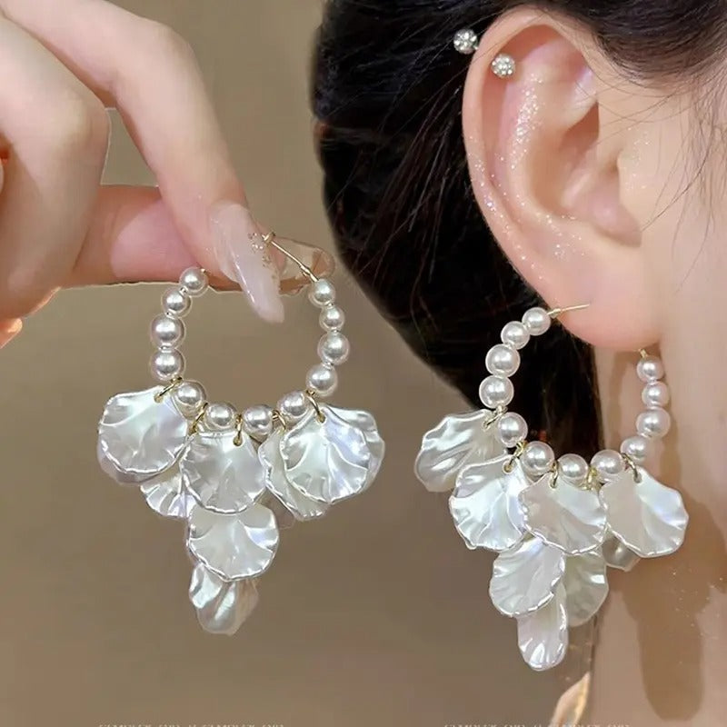 Lightweight Pearl Shell Flower Drop Hoop Earrings