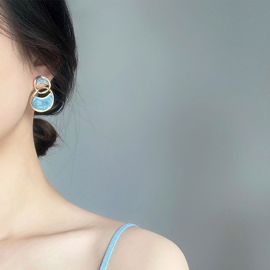 Blue Enamelled Double Arc Cross Enamel Stud Earring