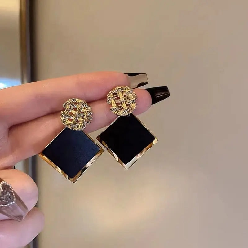 Black & Gold Geometric Square Drop Earrings