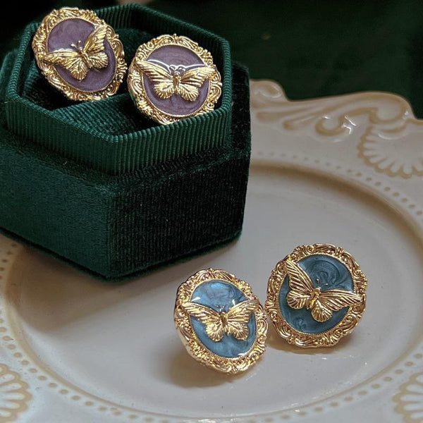 Vintage Retro Gold Butterfly Enamel Stud Earrings