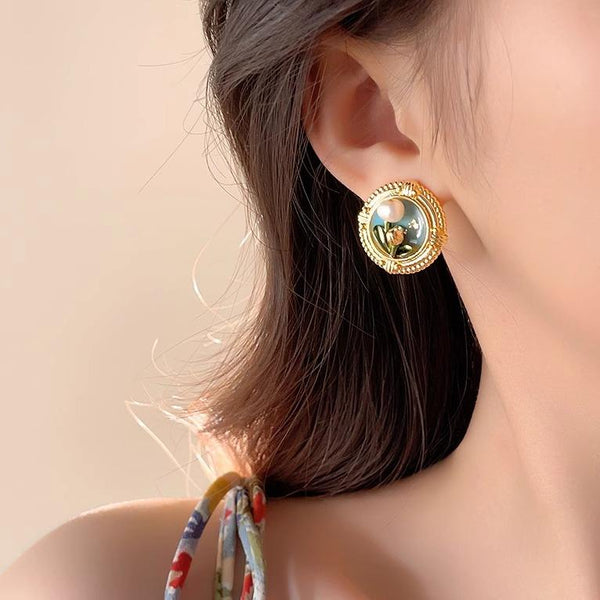 Vintage Monet Garden Styled Oil Painting Stud Earrings