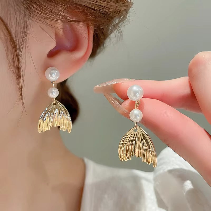 Metal Pearl Fishtail Drop Earrings