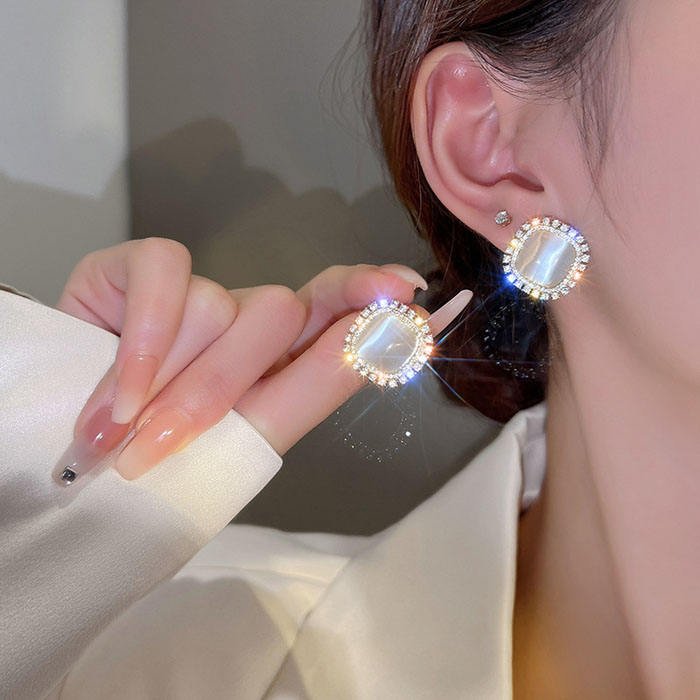Sparkling Rhinestone Opal Square Stud Earrings