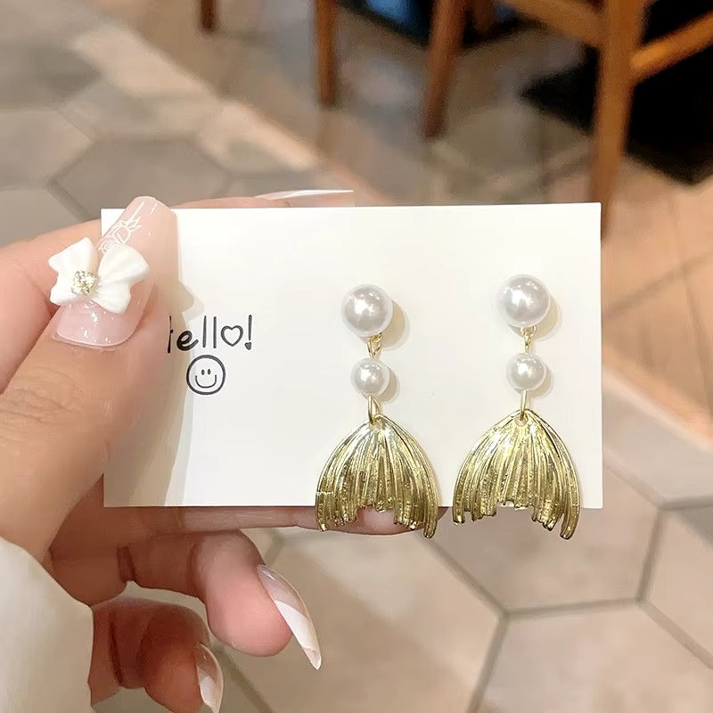 Metal Pearl Fishtail Drop Earrings
