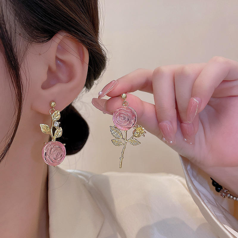 Sweet Pink Rose Asymmetric Earrings