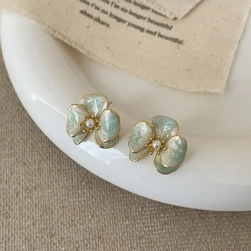Enamel Oil-dripping Gold Plated Flower blue Earrings