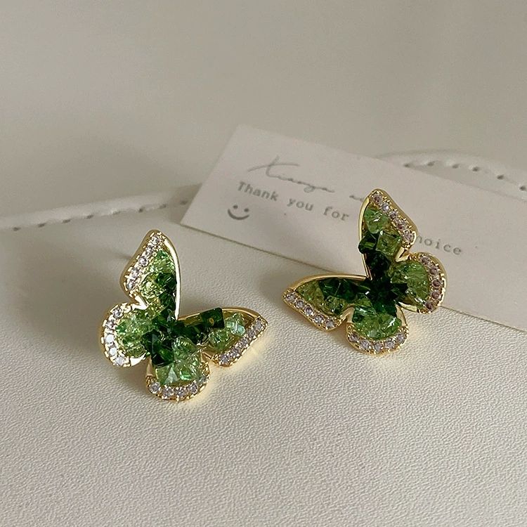 Green Gradient Crystals Butterfly Stud Earrings