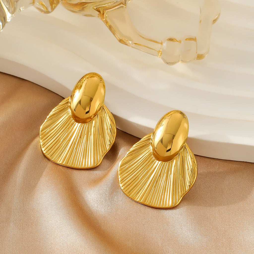 Golden Leaf Texture Style Stud Earrings