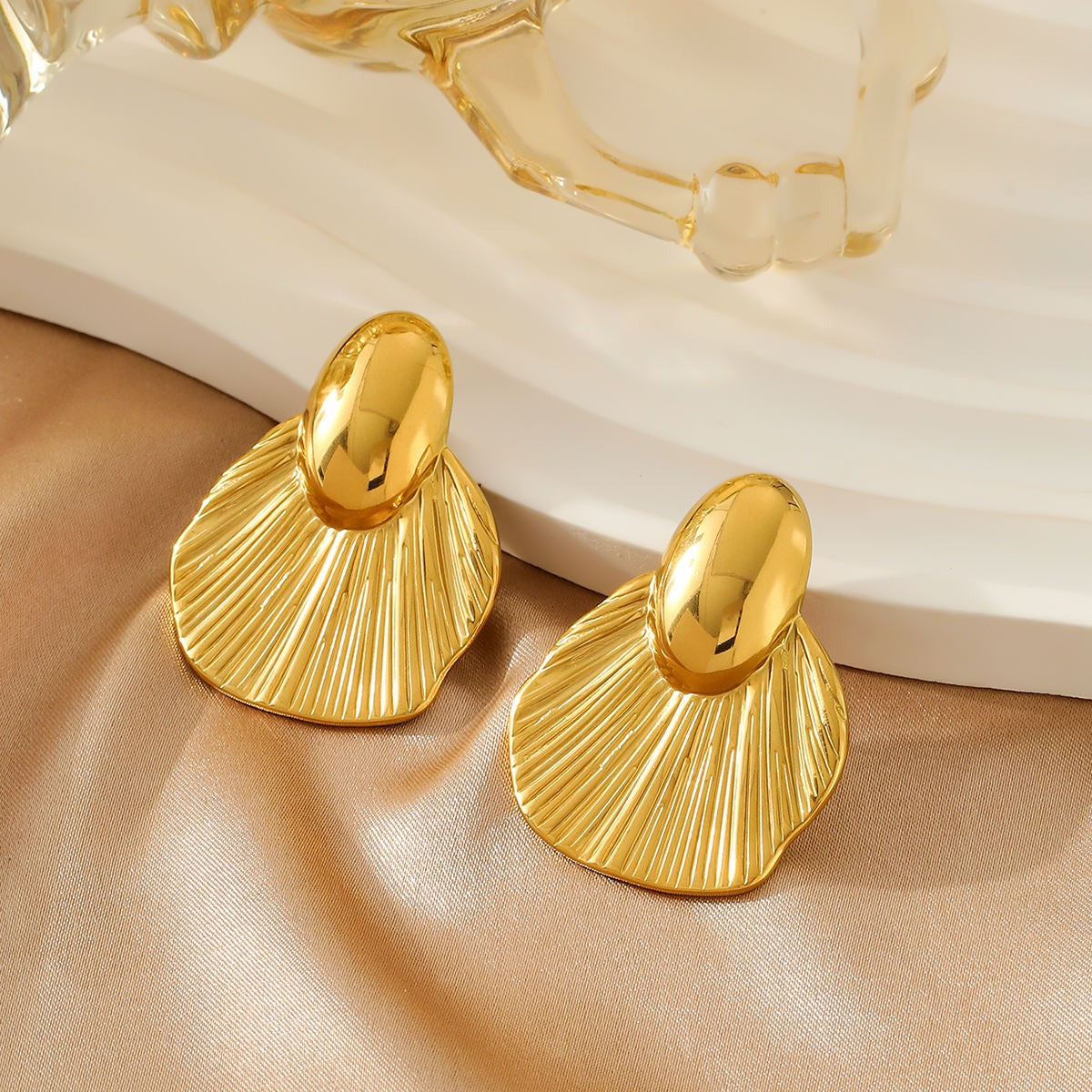 Golden Leaf Texture Style Stud Earrings