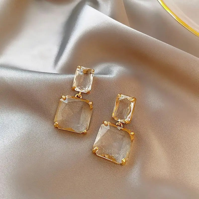 Transparent Glass Crystal Twin Square Earrings