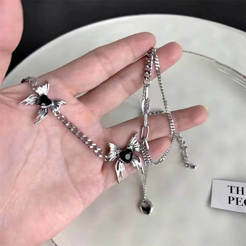 Black Butterfly Heart Tassel Necklace