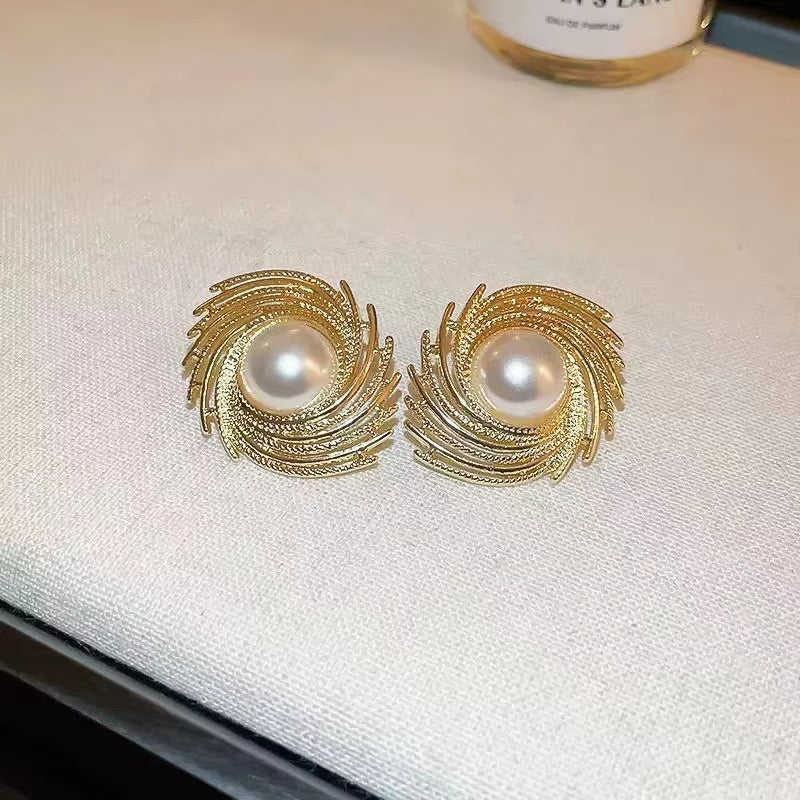 Metal Textured Pearl Stud Earrings