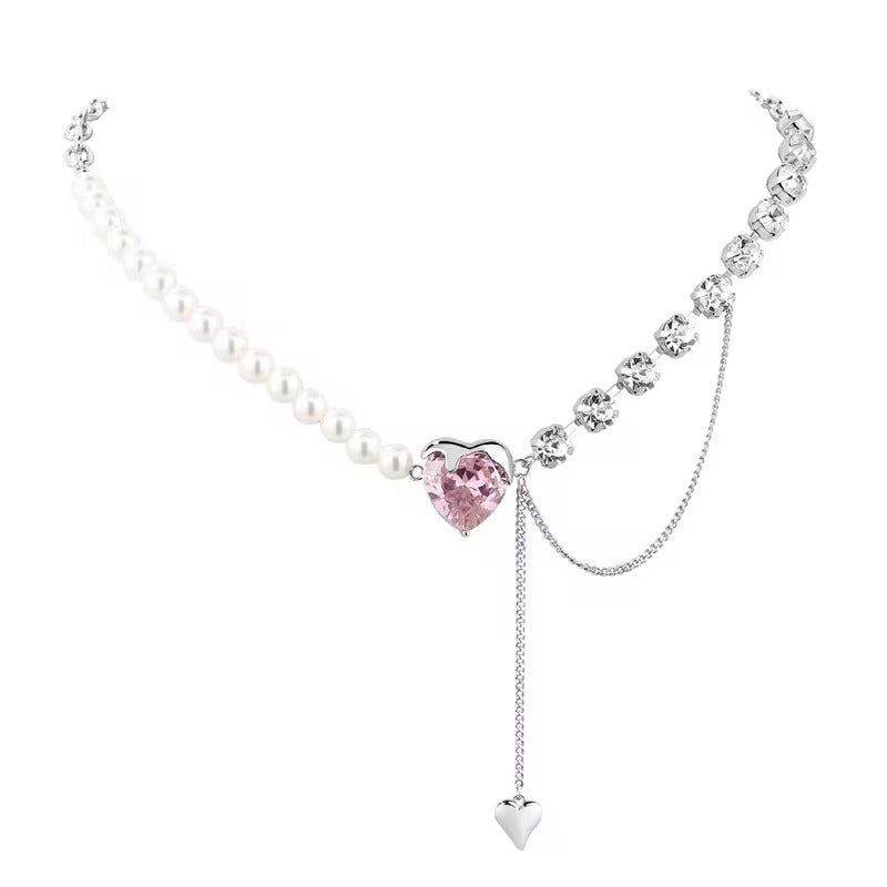 Pink Heart Pearl Chain Necklace