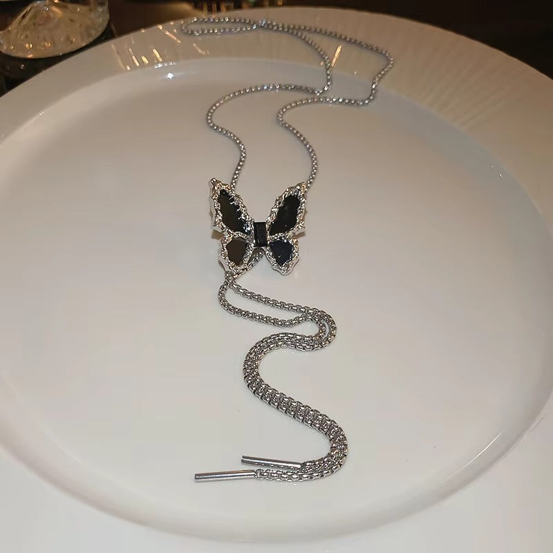 Adjustable Black Butterfly Long Chain Necklace