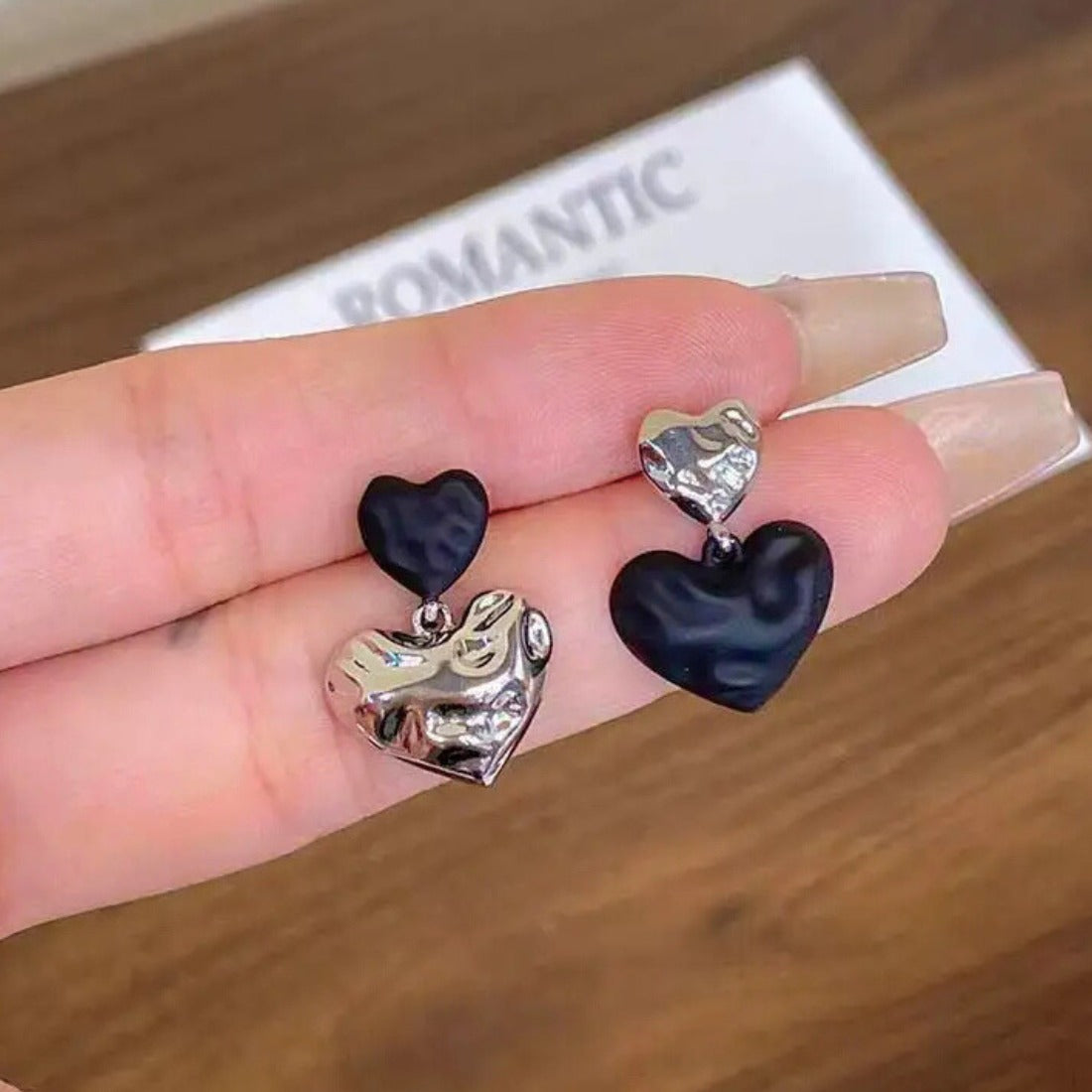 Black Texture Exchanged Love Heart Drop Earrings