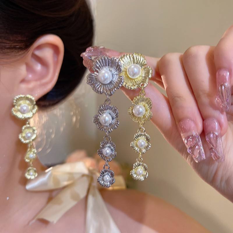 Pearl FlowerLong Tassel  Earrings