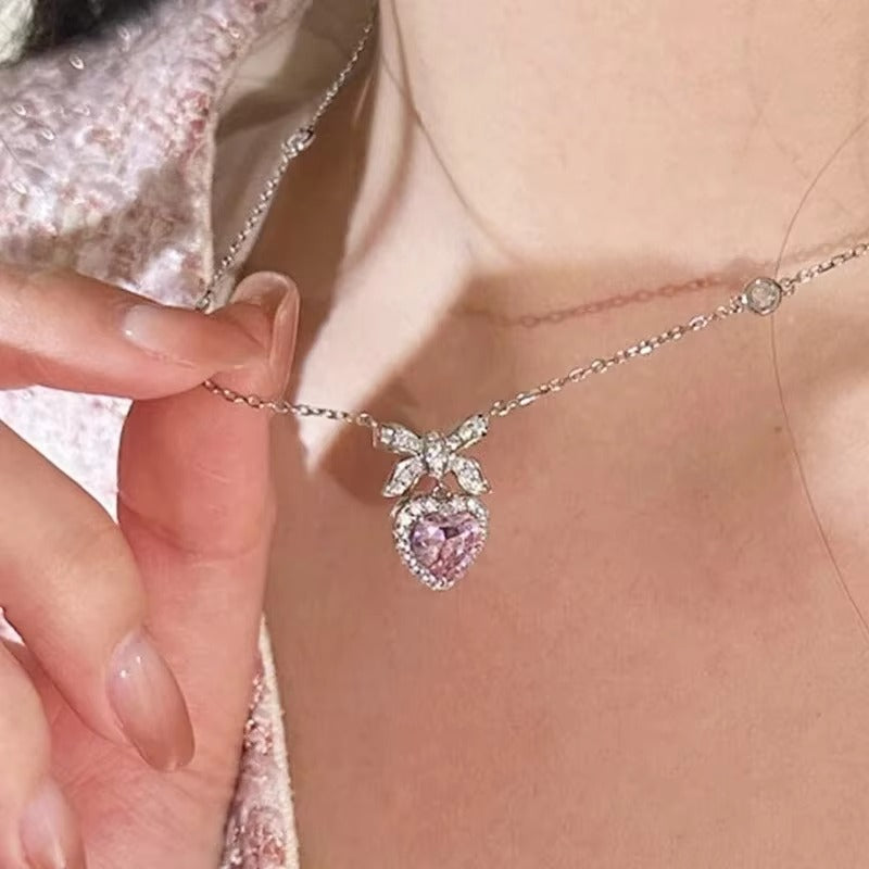 Pink Heart Bow Knot Necklace