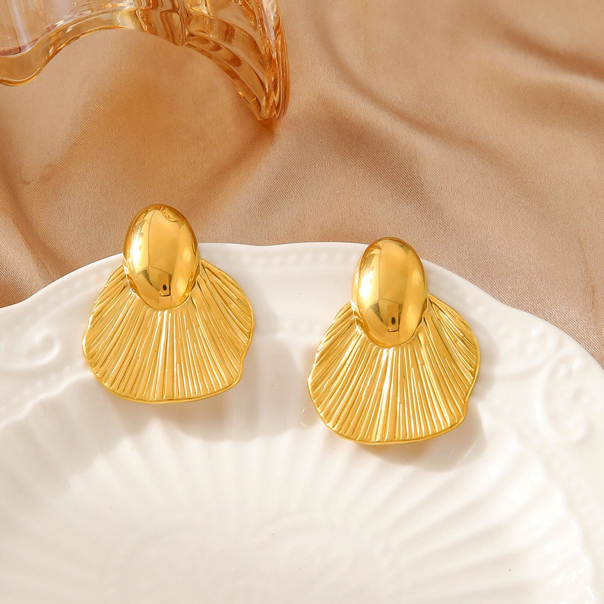 Golden Leaf Texture Style Stud Earrings