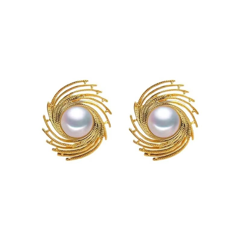 Metal Textured Pearl Stud Earrings