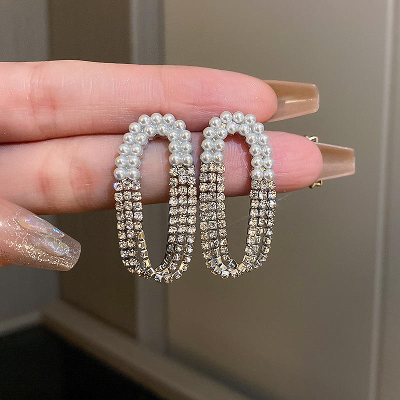 Oval Shape Pearl & Stone Tassel Earrings