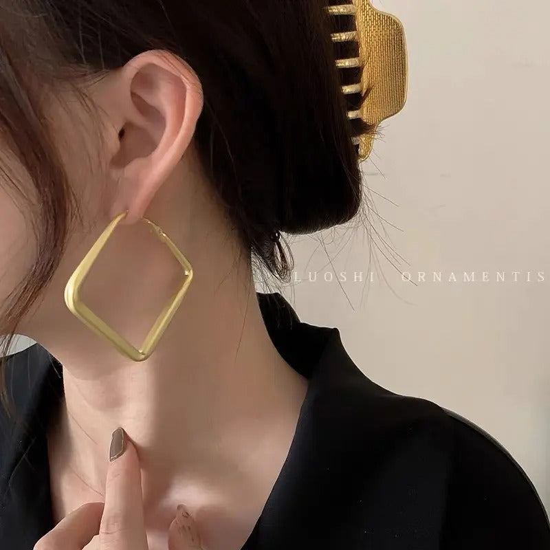 Big Square Light Matte Gold Color Hoop Earrings