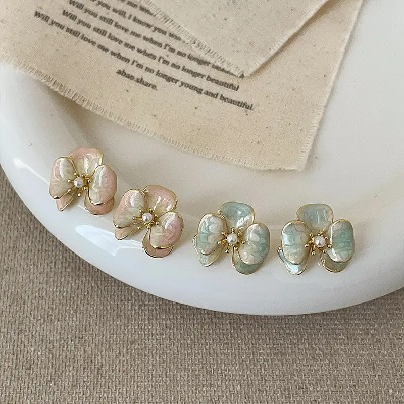 Enamel Oil-dripping Gold Plated Flower Earrings