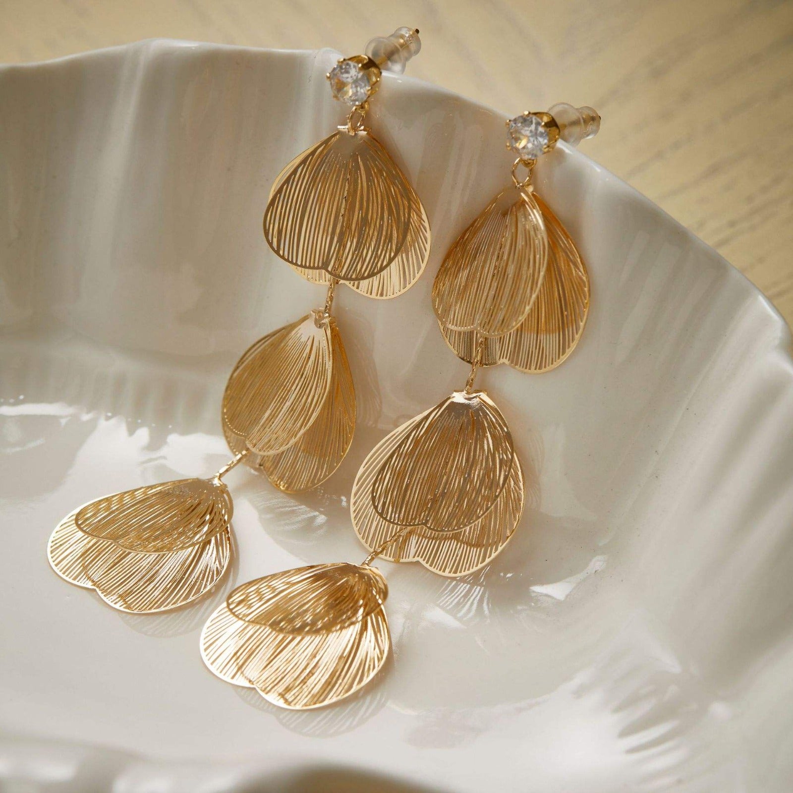 Exaggerated Petal-Shaped Metallic Drop Long Earrings