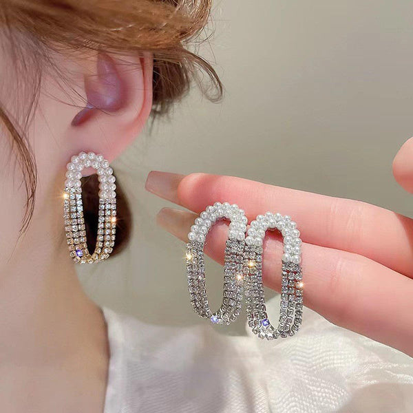 Oval Shape Pearl & Stone Tassel Earrings