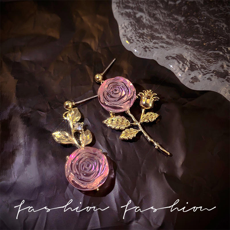 Sweet Pink Rose Asymmetric Earrings