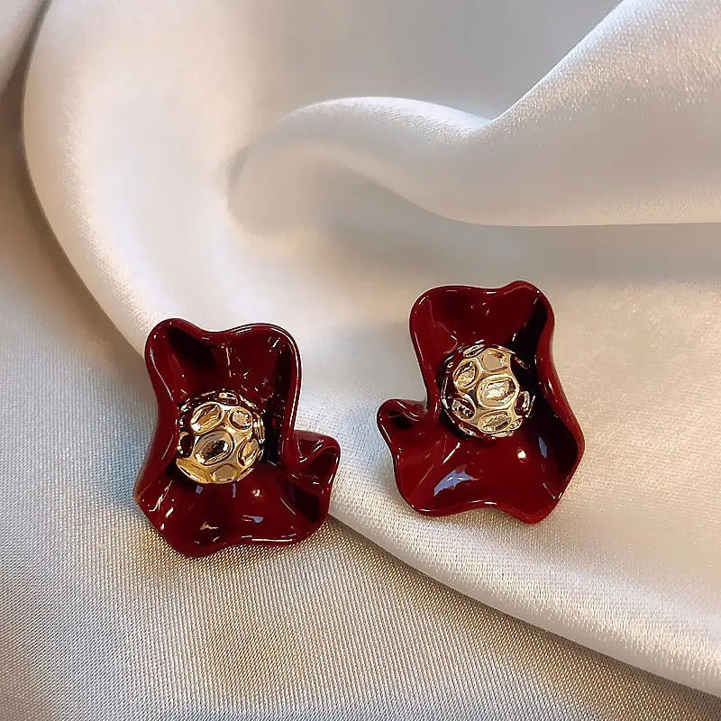 🍒 Cherry Red Irregular Folded Petal Studs 🍒