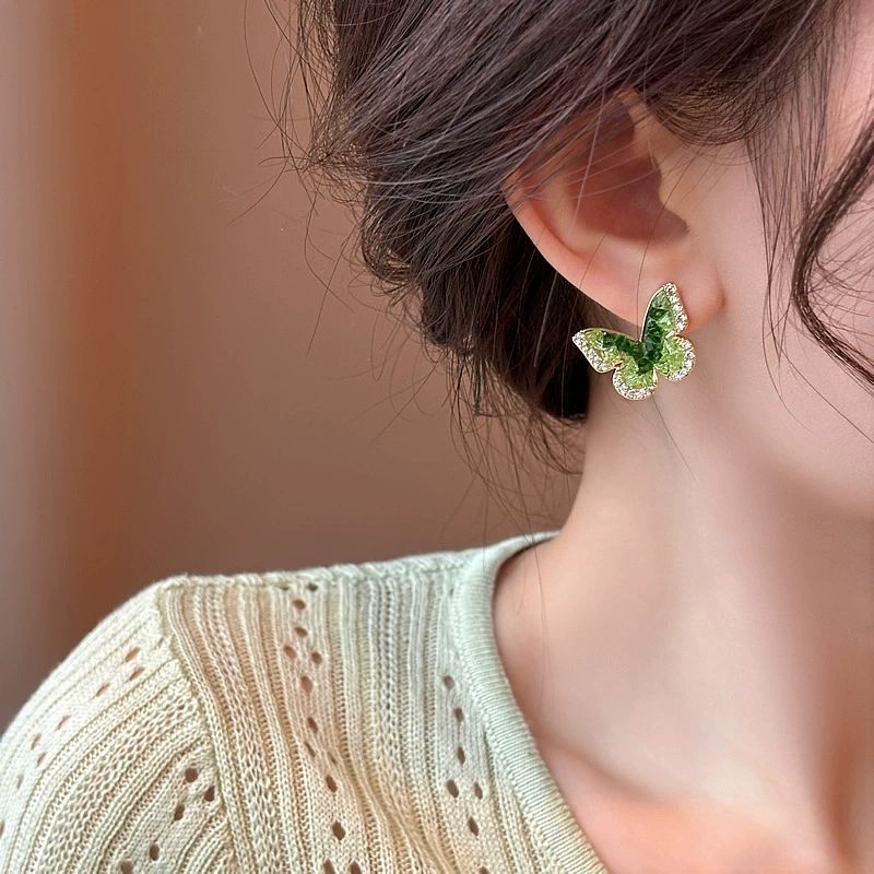 Green Gradient Crystals Butterfly Stud Earrings