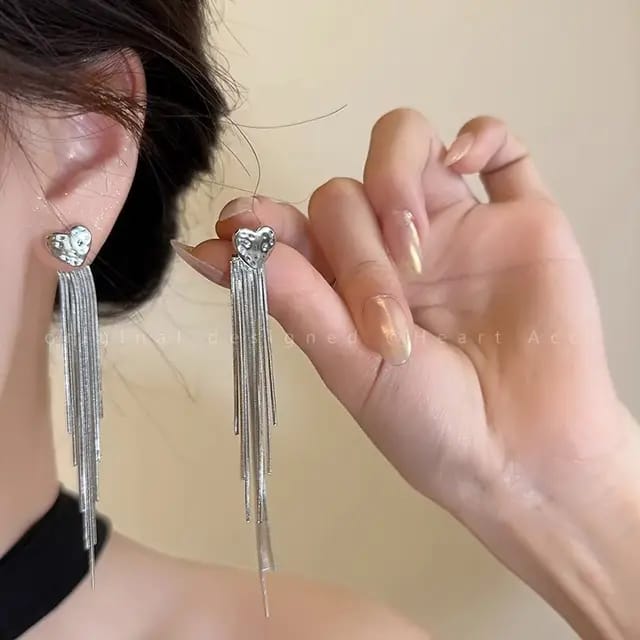 Heart Long Silver Tassel Earrings