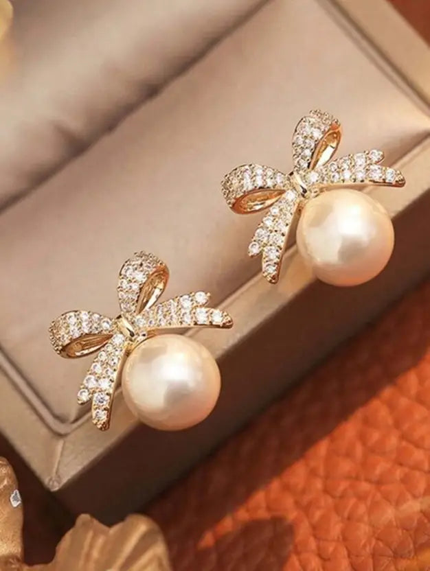 Elegant AD Studded Bow Earrings with Pearl Drop